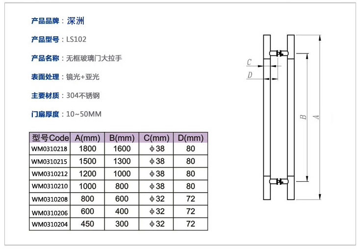 玻璃門拉手尺寸規(guī)格列表