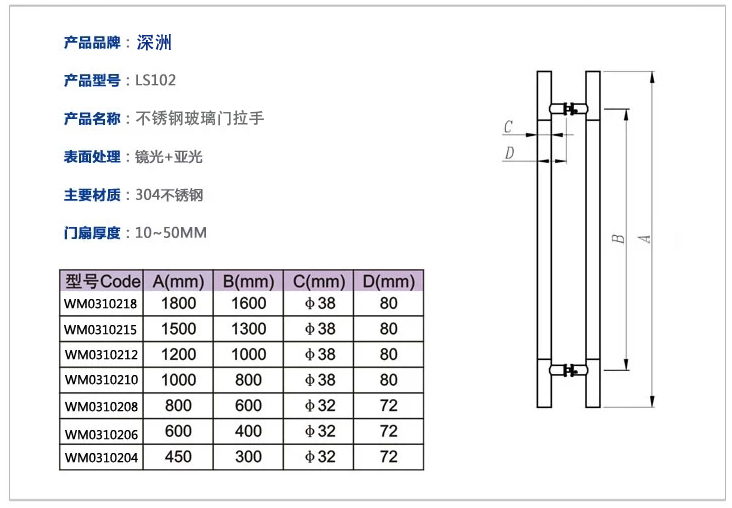 常用不銹鋼玻璃門拉手尺寸規(guī)格